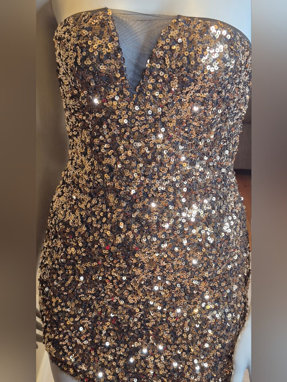 Sequined Deep V Cocktail Dress In Metallic Gold